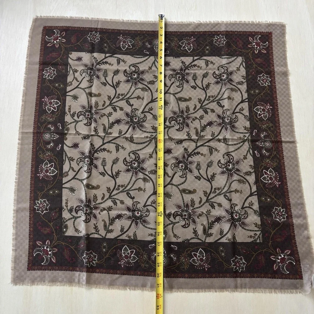Vintage Floral Square Scarf Womens One Size Brown Fringe Polyester Made In Italy